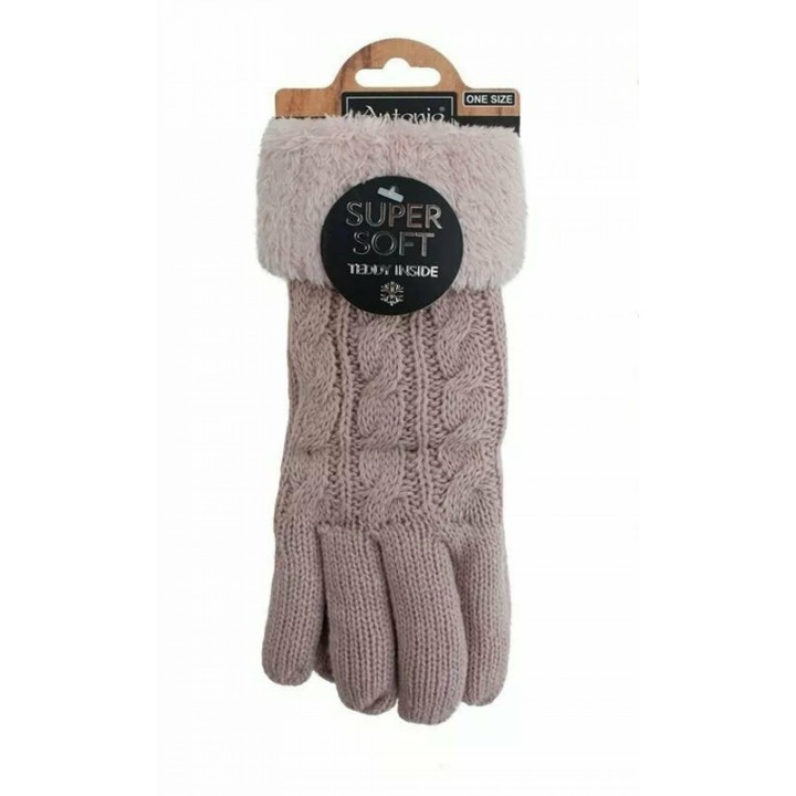 Gefütterte Strickhandschuhe » Teddy Winterhandschuhe mit Strickmuster » Fingerhandschuhe Super Soft mit Strickoptik - Rosa
