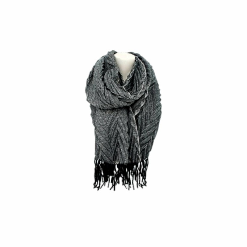 Winter Damen Schal » Fransenschal 220 x 72 cm » Damenschal in Faltenoptik » Winterschal Soft Cashmera Plissee - Schwarz-Weiß
