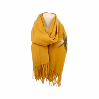 Winter Damen Schal Cashmera » Fransenschal Soft Feeling » Winterschal 180x72 cm » Damenschal mit Blume - Ocker