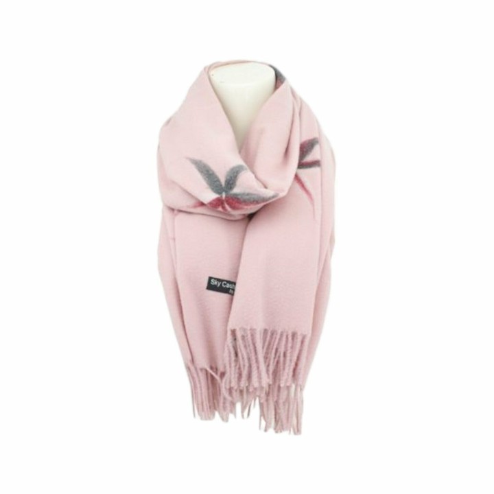 Winter Damen Schal Cashmera » Fransenschal Soft Feeling » Winterschal 180x72 cm » Damenschal mit Blume - Rosa