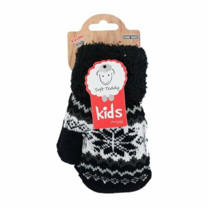 Kinder Fäustlinge » Strickhandschuhe Winter Norweger Stern » Kids Winterhandschuhe mit Soft Teddy » Kinderhandschuhe - Schwar