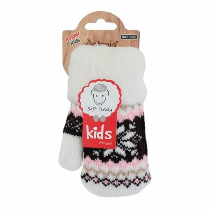 Kinder Fäustlinge » Strickhandschuhe Winter Norweger Stern » Kids Winterhandschuhe mit Soft Teddy » Kinderhandschuhe - Weiß
