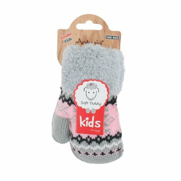 Kinder Fäustlinge » Strickhandschuhe Winter Norweger Stern » Kids Winterhandschuhe mit Soft Teddy » Kinderhandschuhe - Grau