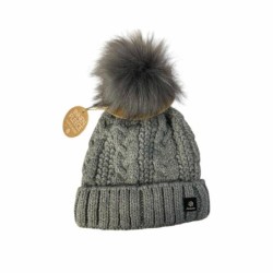 Strickmütze für Damen » gefütterte Wintermütze mit Fleece » Bommelmütze » Damenmütze mit Zopfmuster - Grau