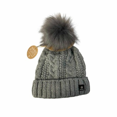Strickmütze für Damen » gefütterte Wintermütze mit Fleece » Bommelmütze » Damenmütze mit Zopfmuster - Grau