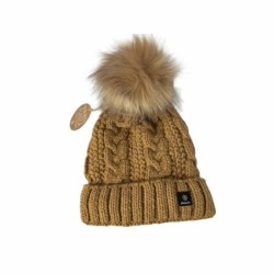 Strickmütze für Damen » gefütterte Wintermütze mit Fleece » Bommelmütze » Damenmütze mit Zopfmuster - Ocker