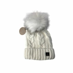 Strickmütze für Damen » gefütterte Wintermütze mit Fleece » Bommelmütze » Damenmütze mit Zopfmuster - Weiß