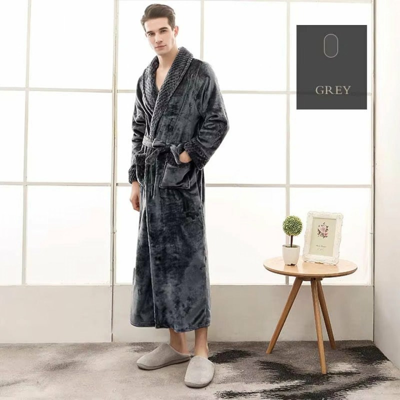 Bademantel Flanell » langer Saunamantel mit Taschen und Kragen in Waffeloptik » weicher Morgenmantel » Langbademantel - Grau