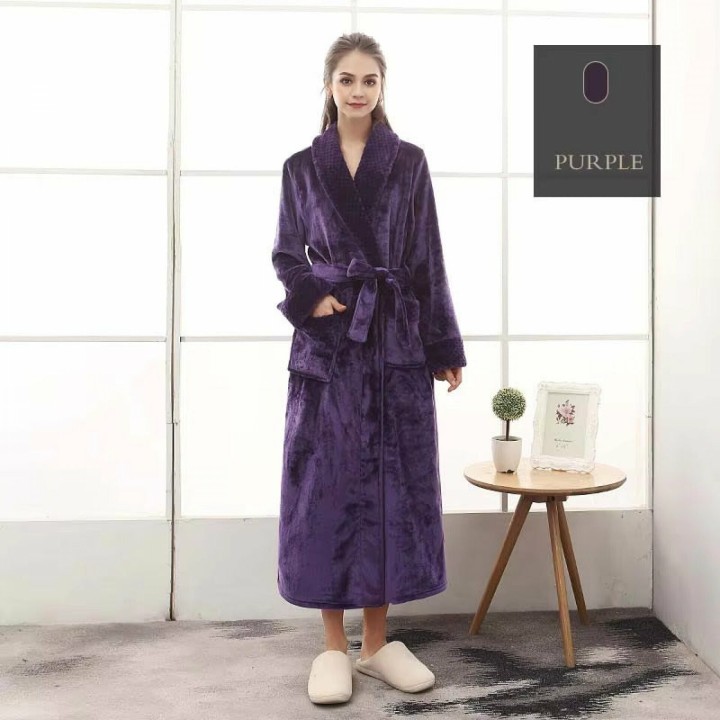 Bademantel Flanell » langer Saunamantel mit Taschen und Kragen in Waffeloptik » weicher Morgenmantel » Langbademantel - Lila