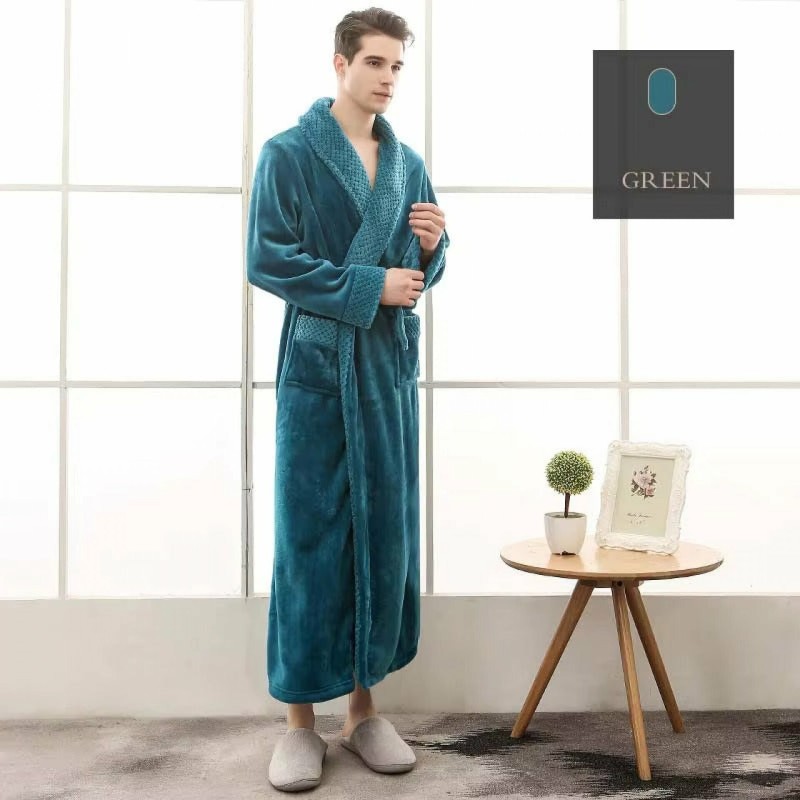 Bademantel Flanell » langer Saunamantel mit Taschen und Kragen in Waffeloptik » weicher Morgenmantel » Langbademantel - Petro
