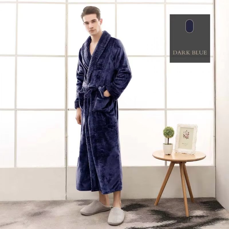 Bademantel Flanell » langer Saunamantel mit Taschen und Kragen in Waffeloptik » weicher Morgenmantel » Langbademantel - Blau