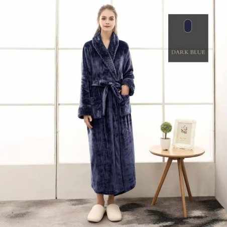Bademantel Flanell » langer Saunamantel mit Taschen und Kragen in Waffeloptik » weicher Morgenmantel » Langbademantel - Blau