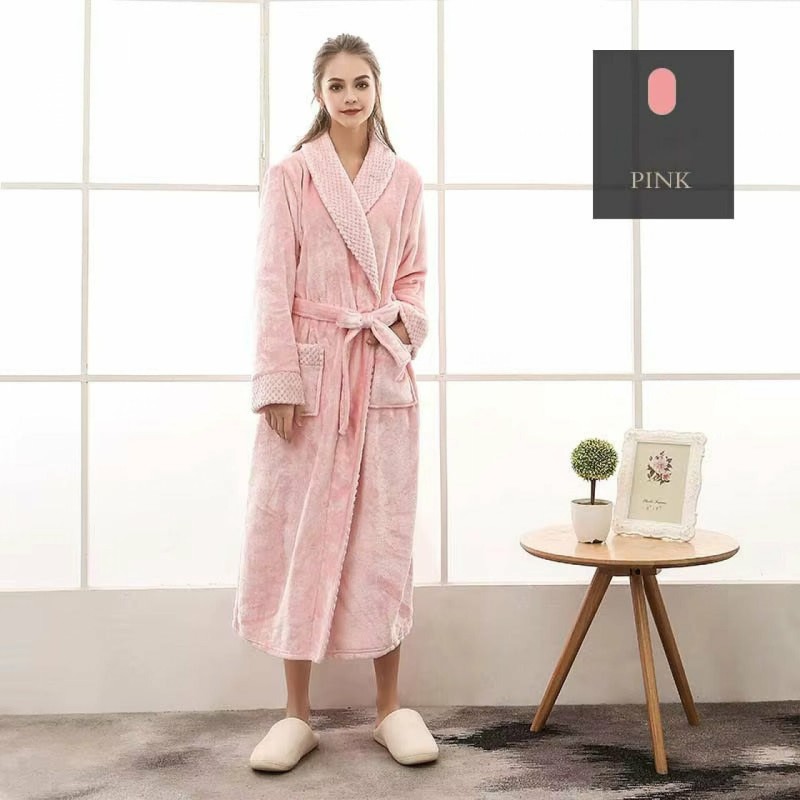 Bademantel Flanell » langer Saunamantel mit Taschen und Kragen in Waffeloptik » weicher Morgenmantel » Langbademantel - Rosa