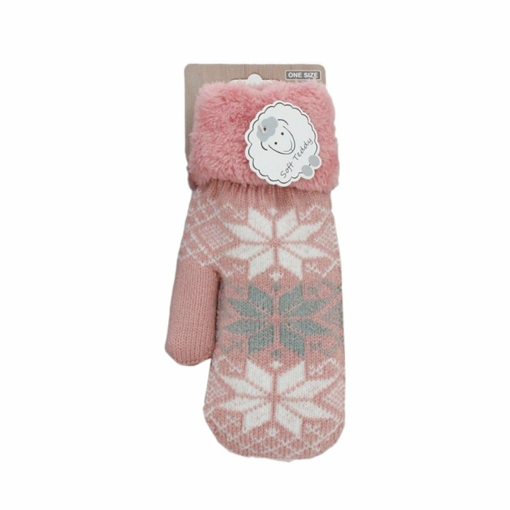 Damen Fäustlinge mit Teddy Futter » Winterhandschuhe gefüttert » Soft Teddy Handschuhe » Strickhandschuhe Norweger Stern - Ro