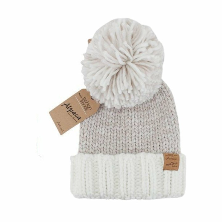 Winter Damen Mütze » Bommelmütze Emma » Strickmütze wolliges, dickes Garn » Wintermütze mit Bommel - Beige