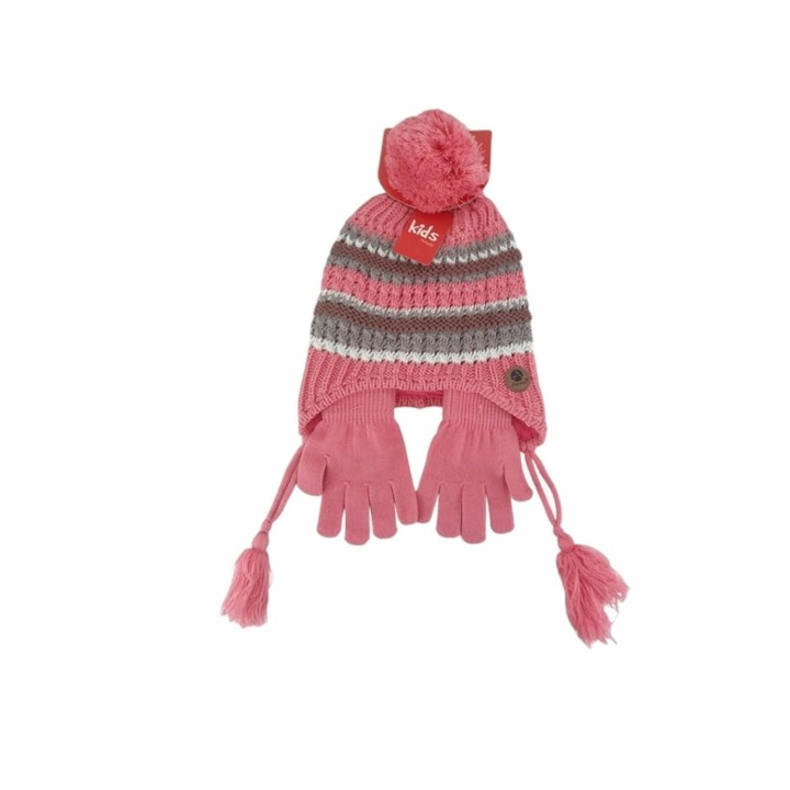 Kinder Winter Mütze mit Handschuhen » Gestreiftes Set » Kindermütze mit Streifen und Fingerhandschuhe - Pink