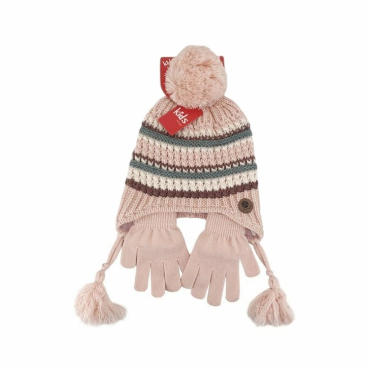 Kinder Winter Mütze mit Handschuhen » Gestreiftes Set » Kindermütze mit Streifen und Fingerhandschuhe - Rosa