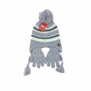 Kinder Winter Mütze mit Handschuhen » Gestreiftes Set » Kindermütze mit Streifen und Fingerhandschuhe - Lila