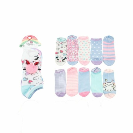 10er Pack Kinder Socken » Set 10 Paar bunte Kindersocken » Kinderstrümpfe 'Regenbogen' - Katze / 35-38