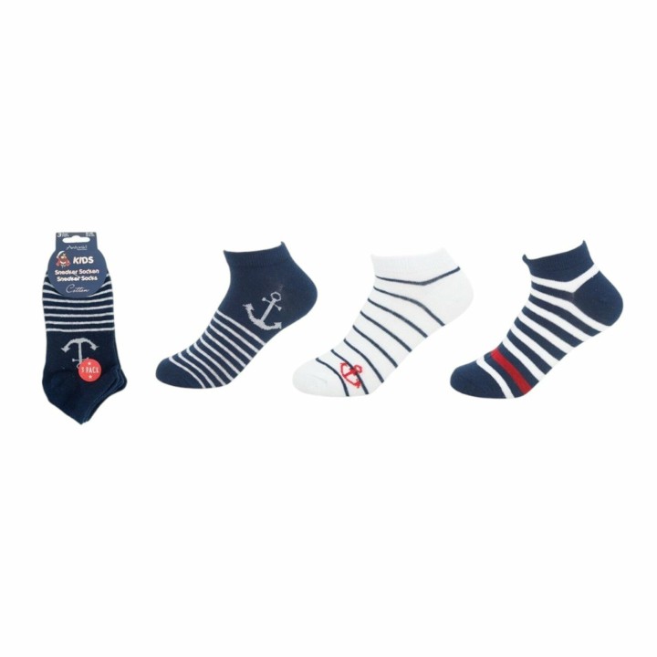Kinder Sneaker 3er Pack » Socken Maritim Style » 3 Paar Kindersocken » Wollsocken - Anker + Streifen / 35-38