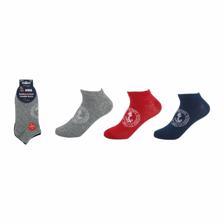 Kinder Sneaker 3er Pack » Socken Maritim Style » 3 Paar Kindersocken » Wollsocken - Anker / 35-38