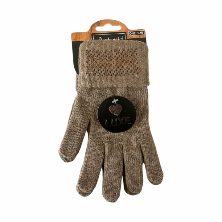Winter Damen Handschuhe » Strickhandschuhe mit Glitzersteinen » Winterhandschuhe Strass Steine - Taupe