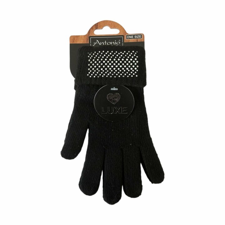 Winter Damen Handschuhe » Strickhandschuhe mit Glitzersteinen » Winterhandschuhe Strass Steine - Schwarz