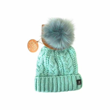 Strickmütze für Damen » gefütterte Wintermütze mit Fleece » Bommelmütze » Damenmütze mit Zopfmuster - Mint