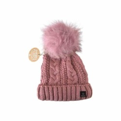 Strickmütze für Damen » gefütterte Wintermütze mit Fleece » Bommelmütze » Damenmütze mit Zopfmuster - Altrosa