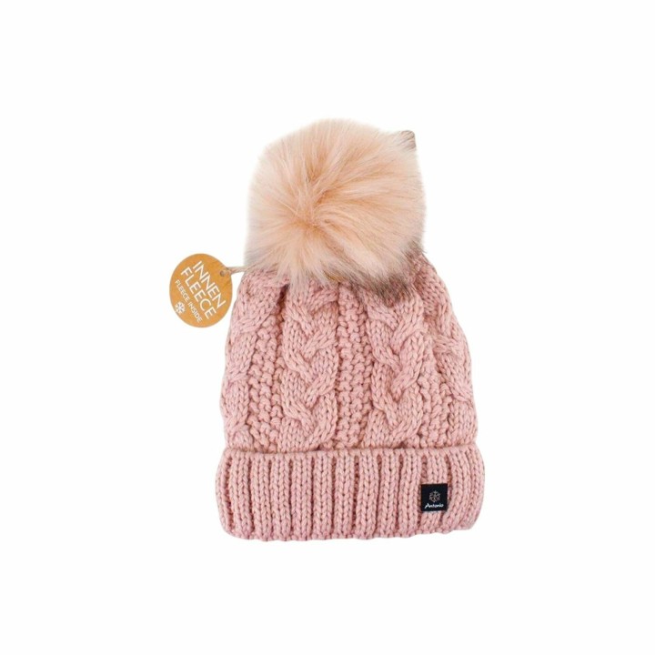 Strickmütze für Damen » gefütterte Wintermütze mit Fleece » Bommelmütze » Damenmütze mit Zopfmuster - Rosa