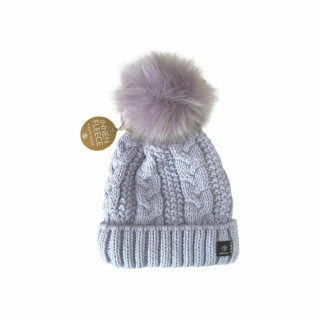 Strickmütze für Damen » gefütterte Wintermütze mit Fleece » Bommelmütze » Damenmütze mit Zopfmuster - Lila