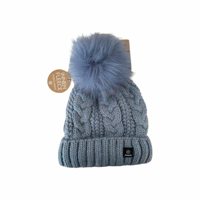 Strickmütze für Damen » gefütterte Wintermütze mit Fleece » Bommelmütze » Damenmütze mit Zopfmuster - Blau