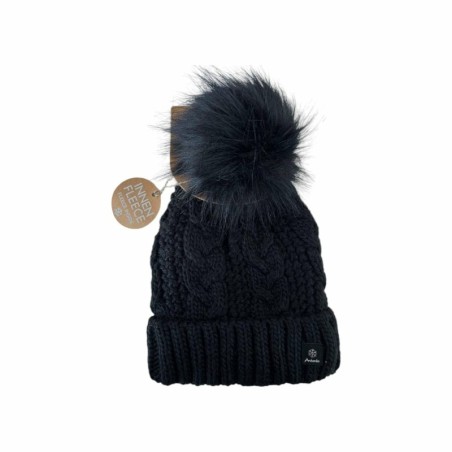 Strickmütze für Damen » gefütterte Wintermütze mit Fleece » Bommelmütze » Damenmütze mit Zopfmuster - Schwarz