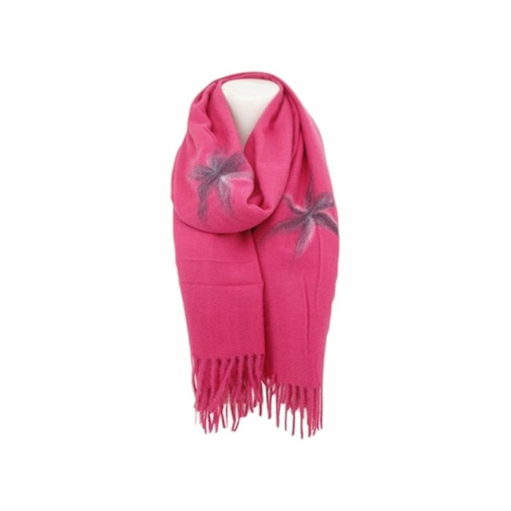 Winter Damen Schal Cashmera » Fransenschal Soft Feeling » Winterschal 180x72 cm » Damenschal mit Blume - Pink