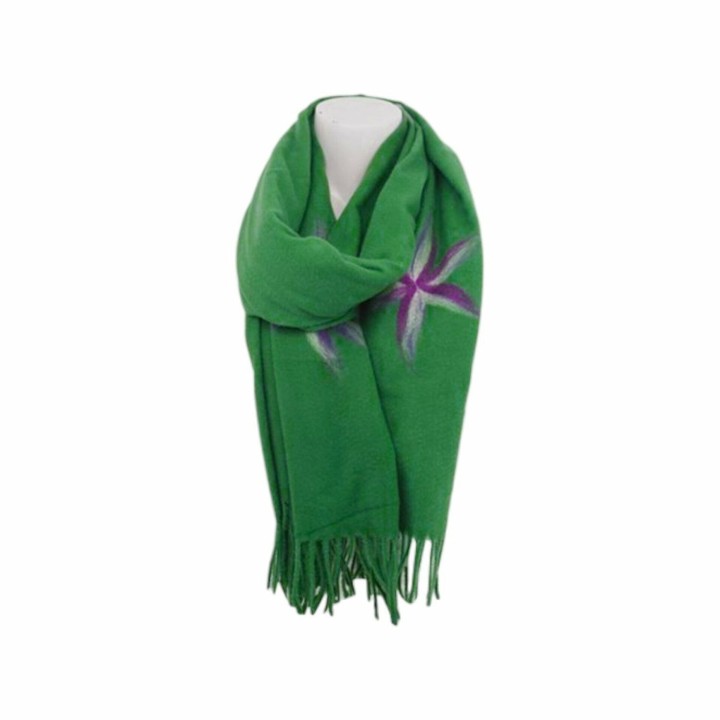 Winter Damen Schal Cashmera » Fransenschal Soft Feeling » Winterschal 180x72 cm » Damenschal mit Blume - Grün