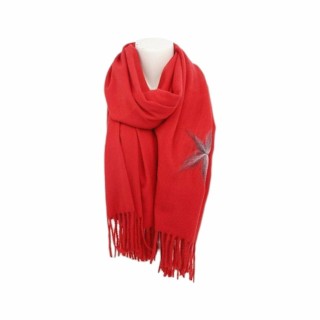 Winter Damen Schal Cashmera » Fransenschal Soft Feeling » Winterschal 180x72 cm » Damenschal mit Blume - Rot