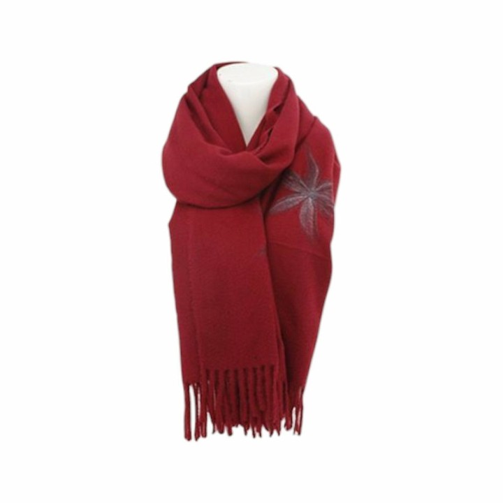 Winter Damen Schal Cashmera » Fransenschal Soft Feeling » Winterschal 180x72 cm » Damenschal mit Blume - Weinrot