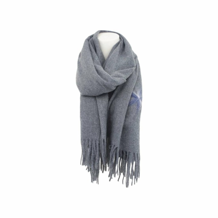 Winter Damen Schal Cashmera » Fransenschal Soft Feeling » Winterschal 180x72 cm » Damenschal mit Blume - Grau