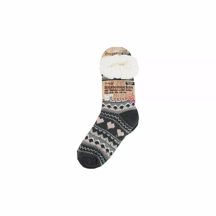 Hüttensocken » Kuschelsocken » Anti Rutsch Socke » Winter Hausschuhe » Strick Fleece in grau/rosa/weiß - Motiv 3
