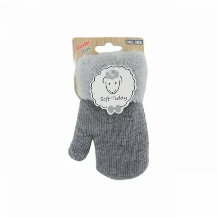 Kinder Fäustlinge » Winter Teddy Handschuhe | Kinderhandschuhe weich gefüttert | Strickhandschuhe warm - Grau