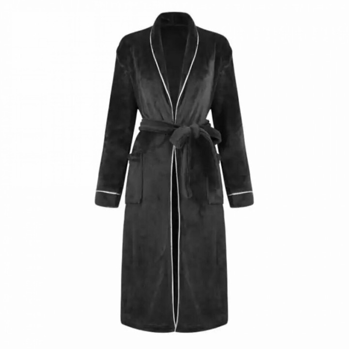 Premium Bademantel » Saunamantel Teddy-Plüsch » Morgenmantel schwarz mit weißem Rand - M