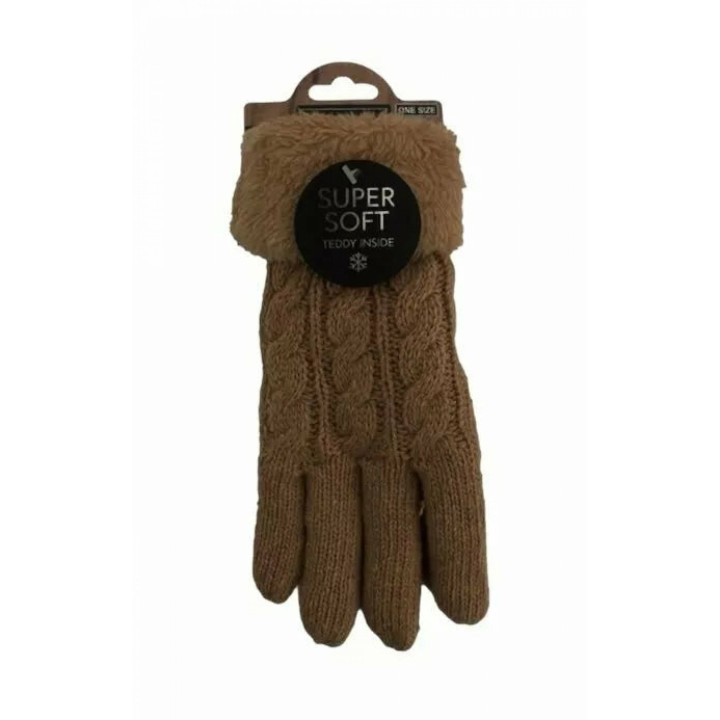 Gefütterte Strickhandschuhe » Teddy Winterhandschuhe mit Strickmuster » Fingerhandschuhe Super Soft mit Strickoptik - Kaffeeb