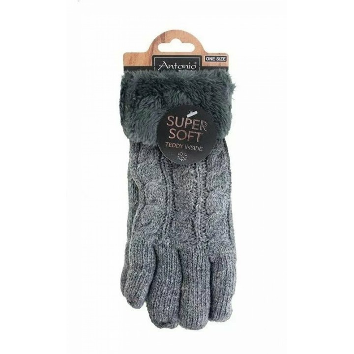 Gefütterte Strickhandschuhe » Teddy Winterhandschuhe mit Strickmuster » Fingerhandschuhe Super Soft mit Strickoptik - Hellgra