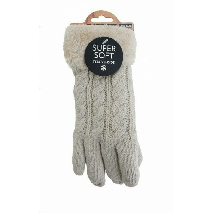 Gefütterte Strickhandschuhe » Teddy Winterhandschuhe mit Strickmuster » Fingerhandschuhe Super Soft mit Strickoptik - Beige