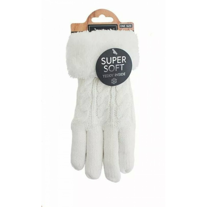 Gefütterte Strickhandschuhe » Teddy Winterhandschuhe mit Strickmuster » Fingerhandschuhe Super Soft mit Strickoptik - Weiß