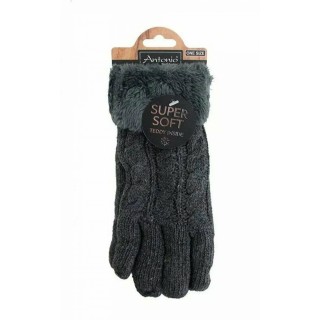 Gefütterte Strickhandschuhe » Teddy Winterhandschuhe mit Strickmuster » Fingerhandschuhe Super Soft mit Strickoptik - Dunkelg
