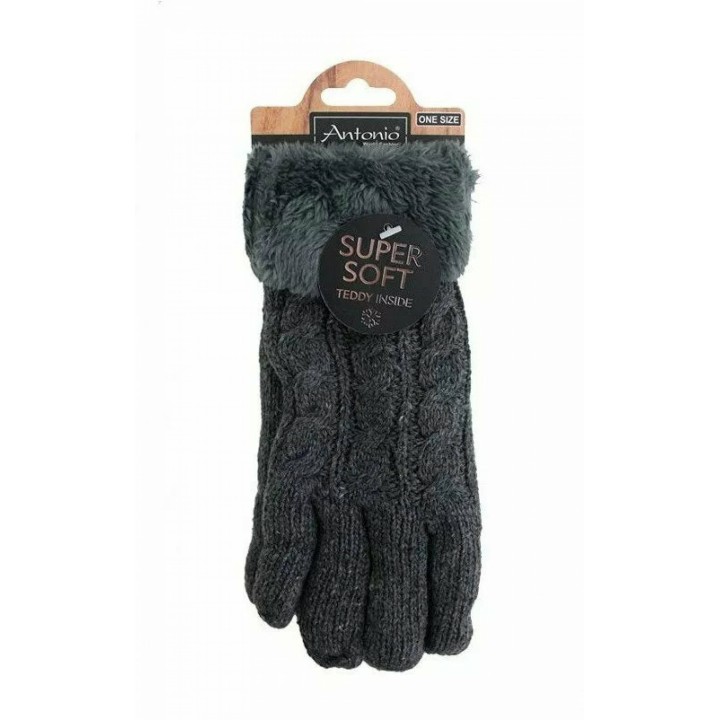 Gefütterte Strickhandschuhe » Teddy Winterhandschuhe mit Strickmuster » Fingerhandschuhe Super Soft mit Strickoptik - Dunkelg