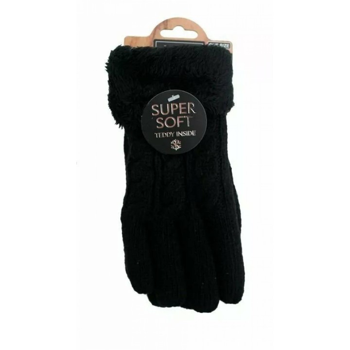 Gefütterte Strickhandschuhe » Teddy Winterhandschuhe mit Strickmuster » Fingerhandschuhe Super Soft mit Strickoptik - Schwarz