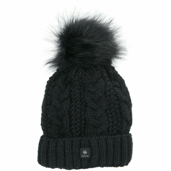 Premium Damen Wintermütze » gefütterte Strickmütze schwarz » Bommelmütze » Mütze » Beanie
