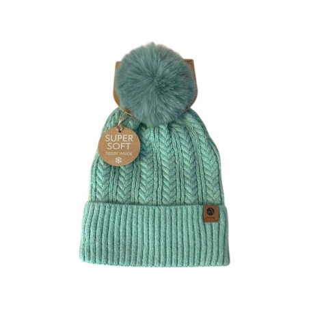 Winter Damen Mütze » Bommelmütze Nora Mit Teddy » Strickmütze mit Flechtoptik » Wintermütze mit Bommel - Mint